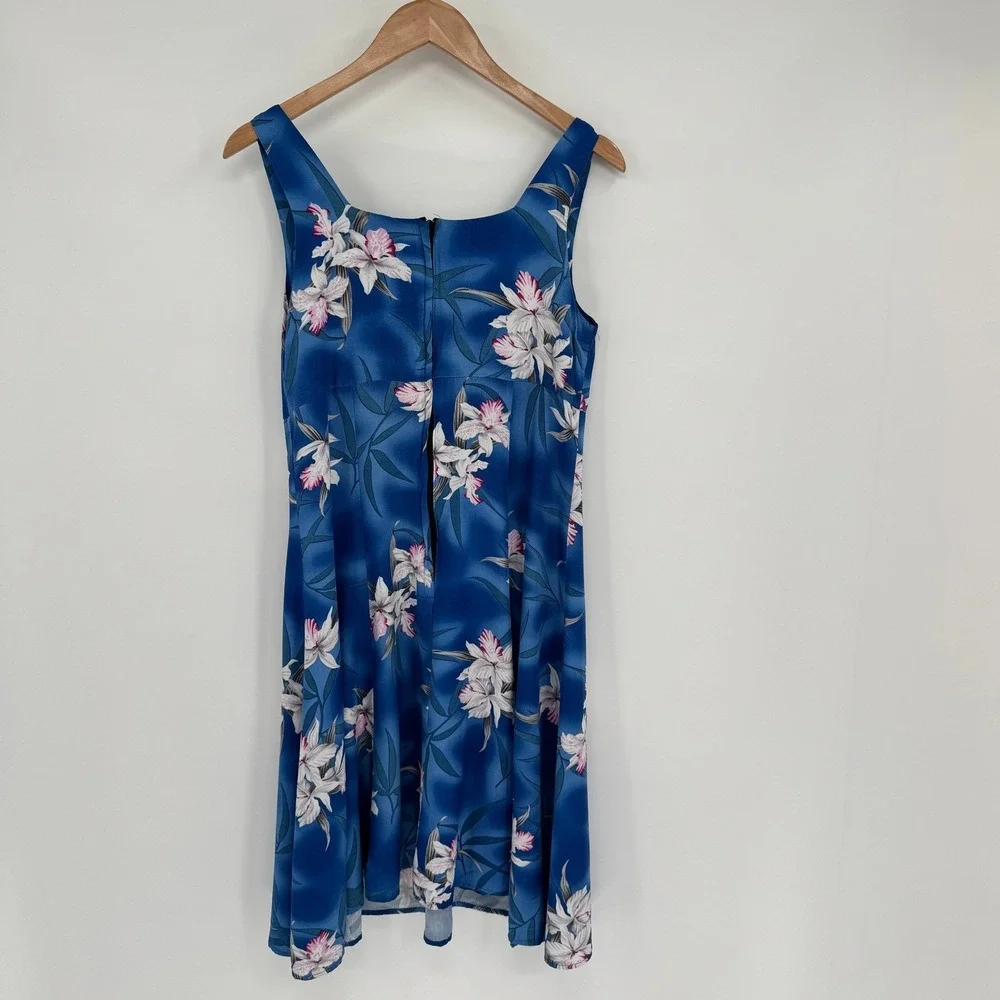 Two Palms Vtg Blue Midnight Orchid Floral Midi H-Strap Dress Women's M